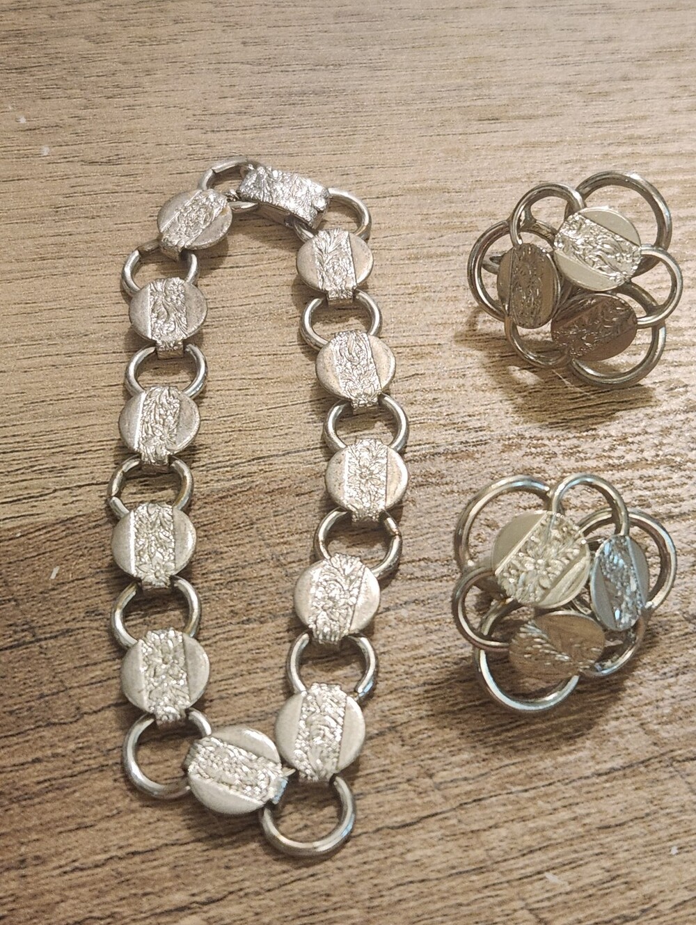 Sarah Coventry Silver-Tone Linked Bracelet and Clip Earrings Set